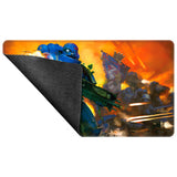 Futuristic robot design on a gaming mouse pad with a dynamic background