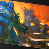 Toy figure with blue armor and green weapon against a fiery background