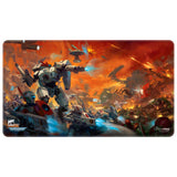 Warhammer 40K playmat with space marine and robot design on a fiery battlefield