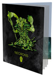 Book or notebook with a green alien creature illustration and 'Necrons' text on a black background