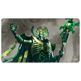 Warhammer figurine on a playmat with Warhammer branding