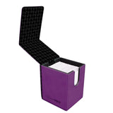 Purple card holder with black interior on a white background