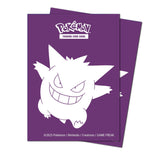 Two purple card sleeves with a white Gengar design and Pokémon Trading Card Game logo on a white background.