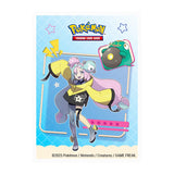 Pokémon trading card game packaging with a character and Pokémon on a blue background