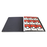 Black trading card album with a page featuring red and white collectible cards on a white background