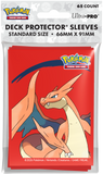 Pokémon trading card game deck protector sleeves packaging with a dragon design on a red background.