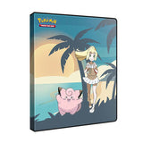 Pokémon trading card game binder with a character and a pink creature on a beach background