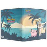 A Pokémon Trading Card Game binder cover or storage box shown on a plain white background. The front and spine feature a tropical beach scene with palm trees, a large yellow sun, blue water, and illustrated characters including a blonde girl and a pink creature.