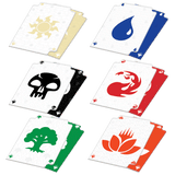 Six pairs of playing cards arranged in a grid on a white background, each pair showing the front and back. The front cards feature stylized symbols in yellow, blue, black, red, and green on white card faces, with the back showing black, white, green, and orange patterns.