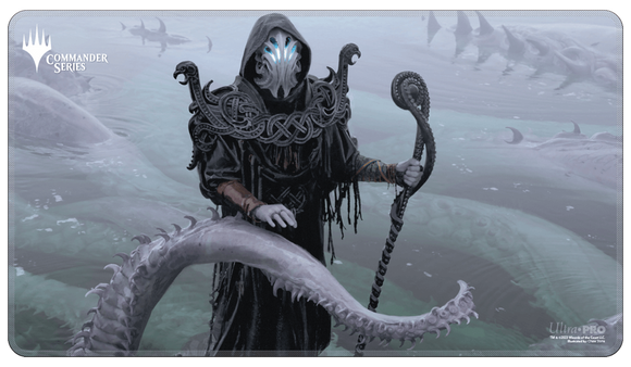 Character in dark robes with a staff on a foggy landscape, featuring the Ultra Pro logo.
