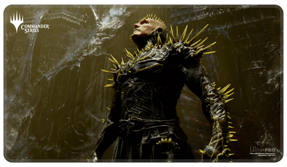 Character with spiky armor on a game mat with Ultra Pro logo