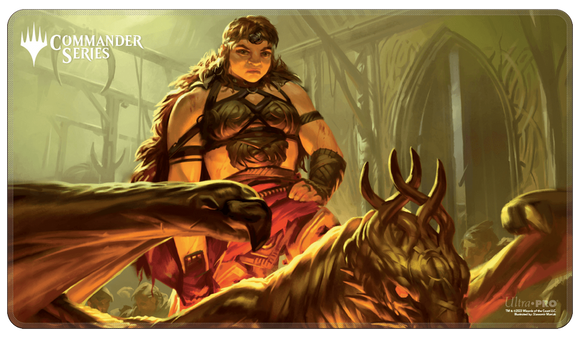 Game mat with a fantasy scene featuring a warrior and creature, branded 'Commander Series'.