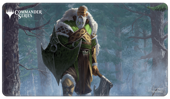 Game mat with a fantasy character in a forest setting, featuring the 'Commander Series' logo.