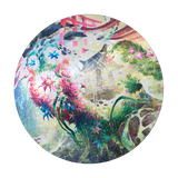 Colorful abstract design with flowers and animals on a white background