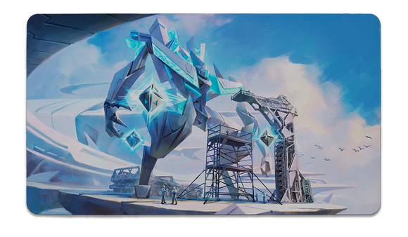 Futuristic ice sculpture with people observing, set against a blue sky.