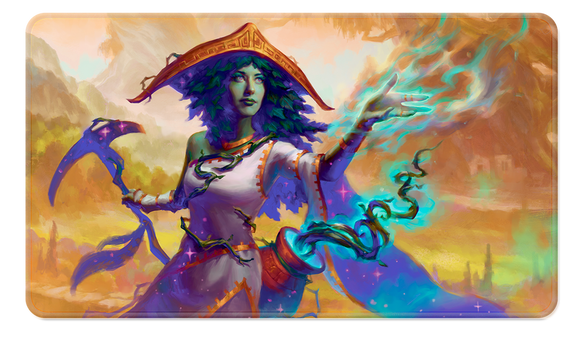Fantasy character with magical elements on a colorful background