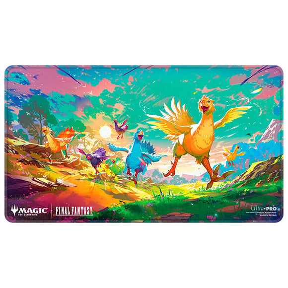 Colorful playmat with fantasy creatures and scenic landscape, featuring Magic: The Gathering and Final Fantasy logos.