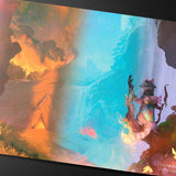 Colorful fantasy scene with characters and landscape on a screen