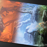 Two contrasting scenes: fiery left side with a dragon and icy right side with a waterfall and mushrooms, on a black background.