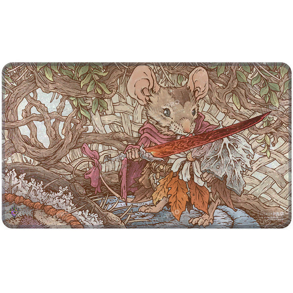 Illustration of a mouse with a sword in a forest setting