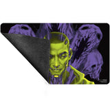 Gaming mouse pad with a stylized character design on a black background