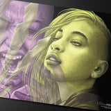 Close-up of a person with green hair and purple background