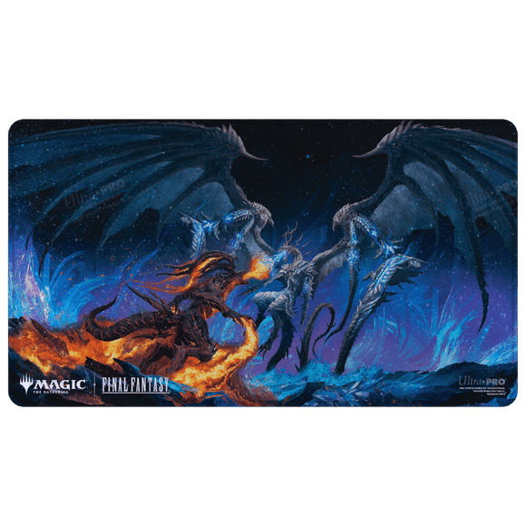 Playmat with fantasy design featuring dragons and characters, branded with 'Magic: The Gathering' and 'Final Fantasy'.