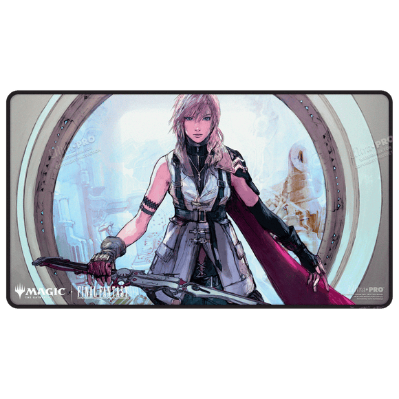 Fantasy character on a Magic: The Gathering playmat with a futuristic design.