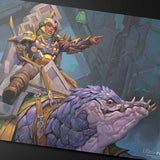 Illustration of a warrior on a creature with detailed armor and fantasy elements.