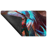 Mouse pad with fantasy-themed artwork of a warrior and glowing blue energy on a white background.