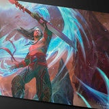 Illustration of a warrior with a glowing sword against a cosmic background