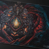 Close-up of a detailed dragon design with glowing eyes on a dark background