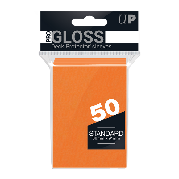 Pack of Pro Gloss deck protector sleeves with 50 count on an orange background