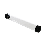Clear cylindrical tube with black ends on a white background