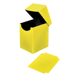 Yellow card storage box with a black interior on a white background