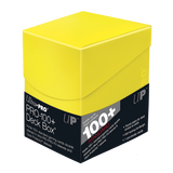 Yellow card storage box with Ultra Pro branding on a white background
