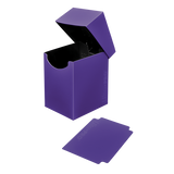 Purple card storage box with a card on a white background