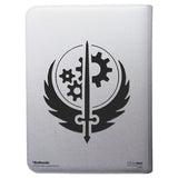 Gray card holder with black emblem featuring gears and a sword on a white background