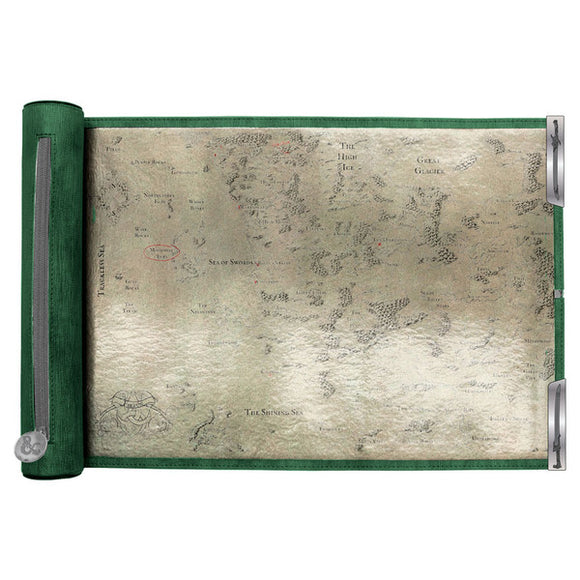 Map of Middle-earth from 'The Lord of the Rings' rolled up with green leather binding on a white background