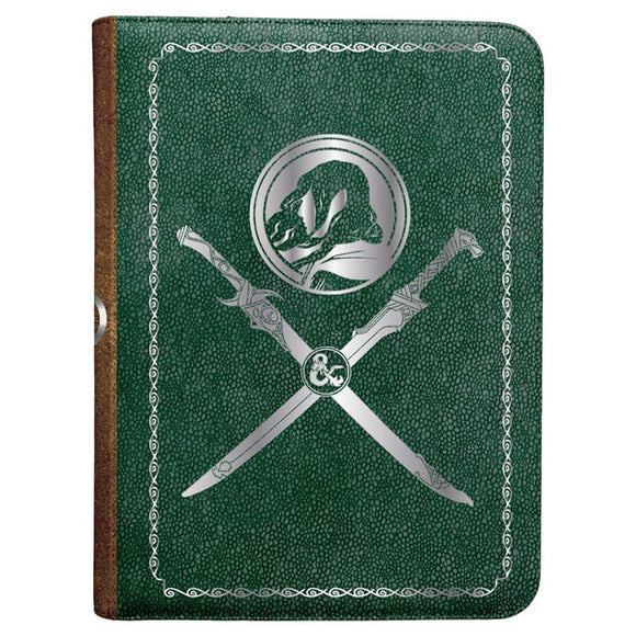 Green book with silver emblem and crossed swords on a white background