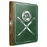 Green book with brown spine featuring a logo and crossed swords on a white background