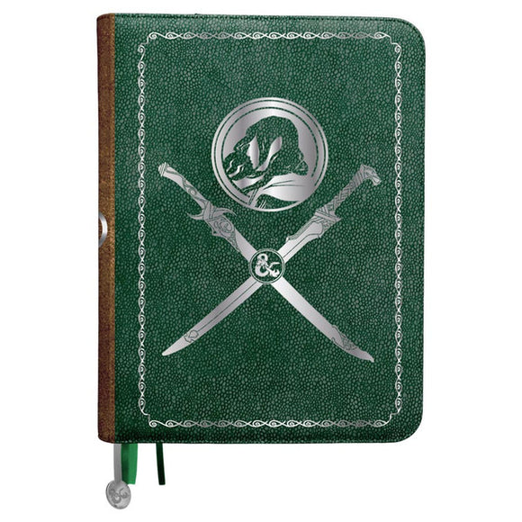 Green notebook with silver emblem and crossed swords on a white background