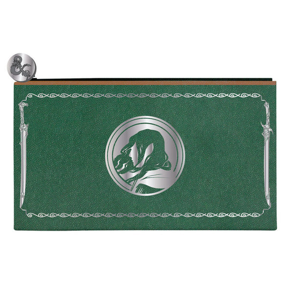 Green pouch with silver emblem on a white background