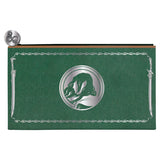 Green pouch with silver emblem on a white background