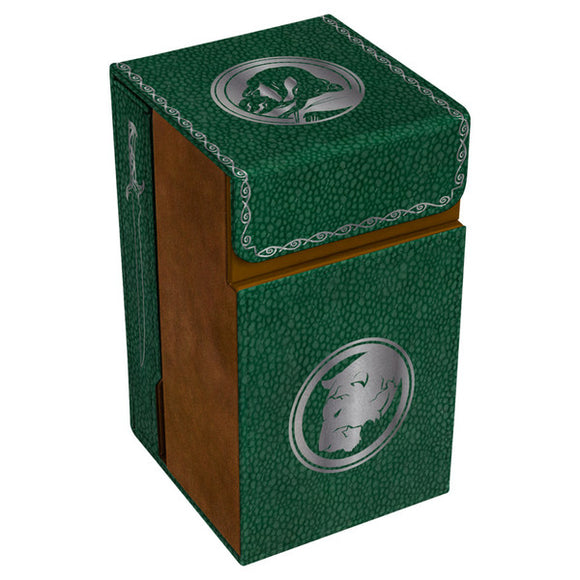Green textured dice tower with silver emblem on a white background