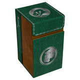 Green textured dice tower with silver emblem on a white background