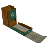 Open green and brown box with a logo on a white background