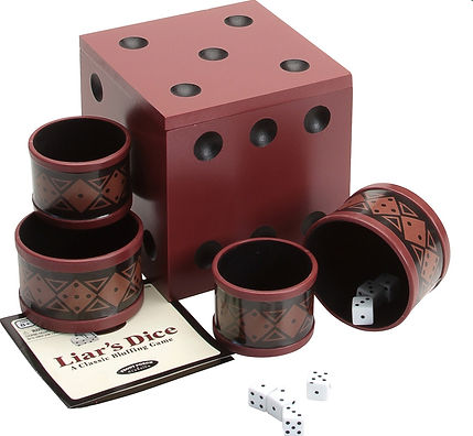 Liar's Dice game set with dice cups and a box on a white background