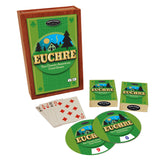 Euchre card game set with packaging and cards on a white background