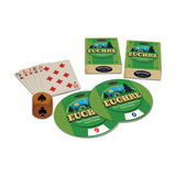 Euchre card game set with cards, boxes, and game pieces on a white background